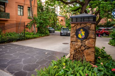 Honolulu, Hawaii - January 1, 2022: View of the Royal Hawaiian Hotel in Waikiki.