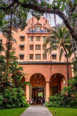Honolulu, Hawaii - January 1, 2022: View of the Royal Hawaiian Hotel in Waikiki.