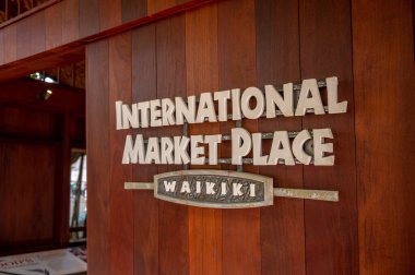 Honolulu, Hawaii - January 2, 2023: signage inside Waikiki's landmark International Market Place shopping area.