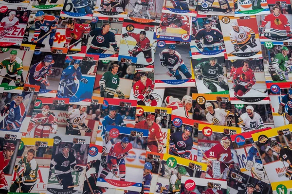 Stock image Calgary, Alberta - January 12, 2023: Vintage national hockey league player hockey trading cards.