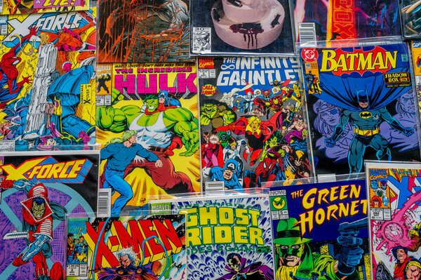 Calgary, Alberta - January 13, 2023: Vintage comic book collection showing comic book covers,