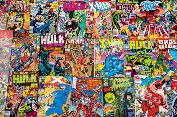 Calgary, Alberta - January 27, 2023: Miscellaneous group of old comic books grouped together.