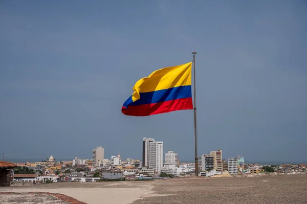 Vista Bandeira Colombiana Sobre Muralhas Fortaleza San Felipe Barajas — Fotografia de Stock