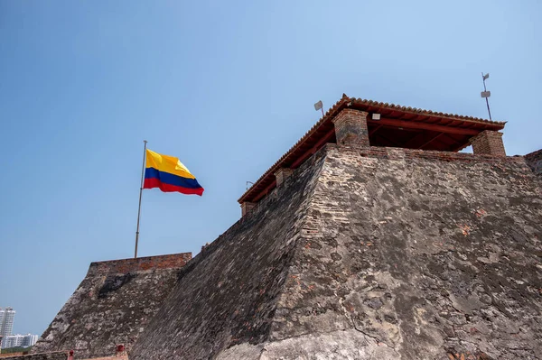 Vista Bandeira Colombiana Sobre Muralhas Fortaleza San Felipe Barajas — Fotografia de Stock