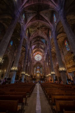 Palma de Mallorca, İspanya - 28 Temmuz 2023: Palma 'daki Santa Maria de Majorica' nın inanılmaz gotik katedrali.