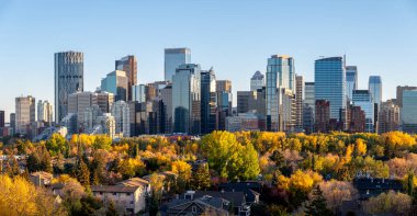 Calgary 'nin modern gökyüzü manzarası güzel bir sonbahar akşamında.
