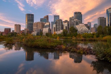 Calgary, Alberta - 17 Eylül 2023 Calgary 'nin ufuk çizgisi bir sonbahar sabahı.