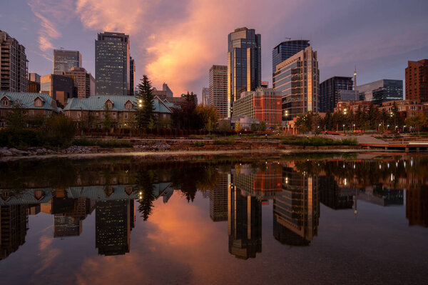 Calgary, Alberta - September 17, 2023: View of Calgary's skyline on an early autumn morning.