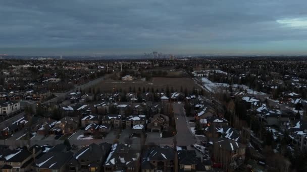 Aerial View Suburban Neighborhood Calgary Alberta Cold Winter Evening — Stock Video