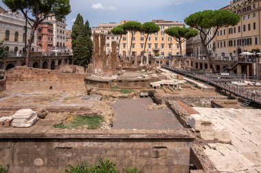Roma, İtalya - 18 Ağustos 2024: Roma cumhuriyetli Largo di Torre Arjantin harabe. Julius Caeser burada öldürüldü..