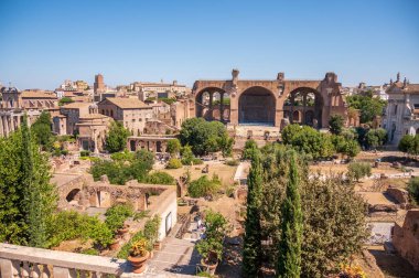 Palatine Hill 'deki Domus Tiberiana' dan Roma Forumlarındaki Maxentius Bazilikası 'na doğru bakıyor..