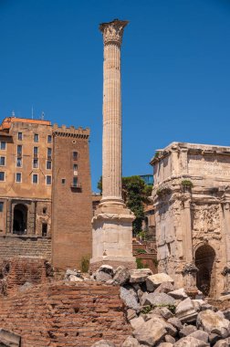 Roma, İtalya - 13 Ağustos 2024: Septimius Severus Kemeri yakınlarındaki Roma Forumları içindeki binaların yıkıntıları.