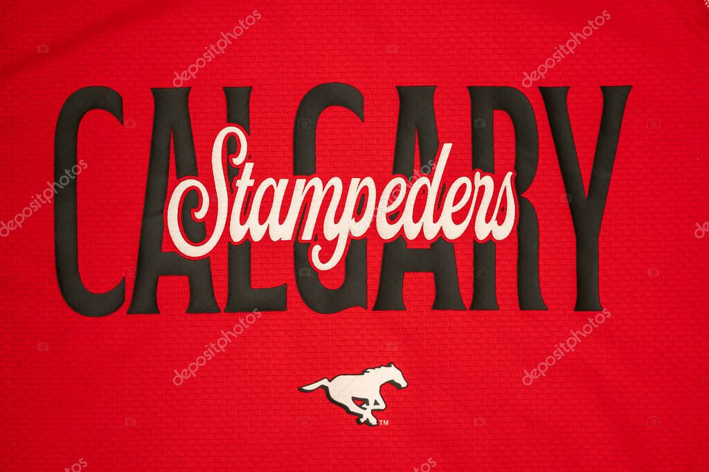 Calgary, Alberta - September 23, 2025: Clagary Stampeders logo on fan gear. .