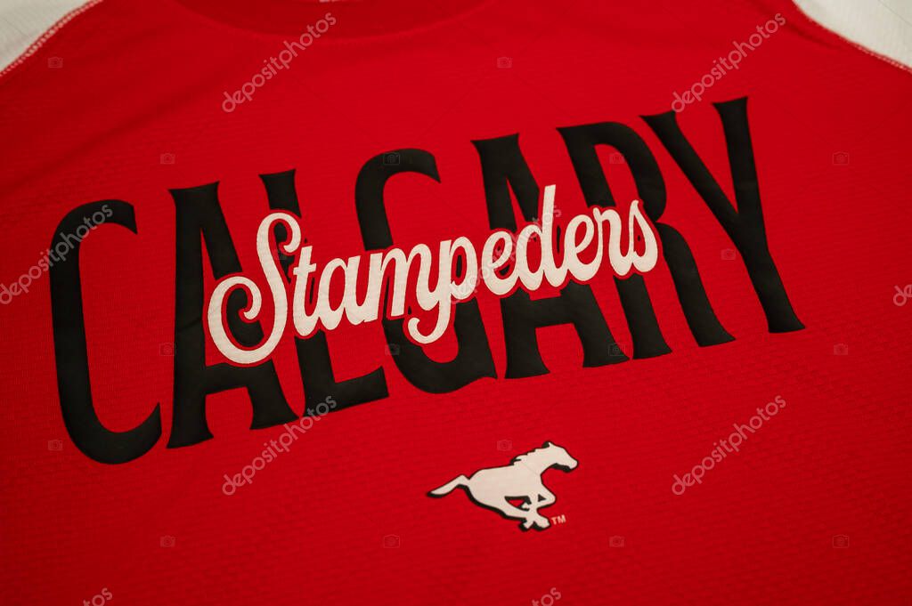 Calgary, Alberta - September 23, 2025: Clagary Stampeders logo on fan gear. .