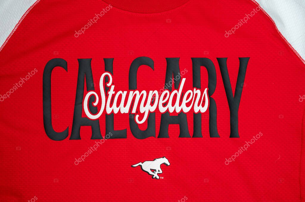 Calgary, Alberta - September 23, 2025: Clagary Stampeders logo on fan gear. .