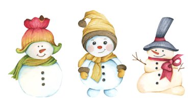 Karakterli kardan adamlar. Beyaz arka planda izole edilmiş. Suluboya çizimi. Yeni yıl süslemesi, Mutlu Noeller..