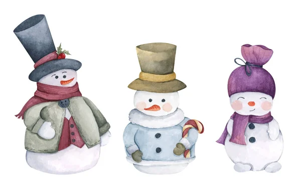 Set Von Charakteristischen Schneemännern Vereinzelt Auf Weißem Hintergrund Aquarell Illustration — Stockfoto