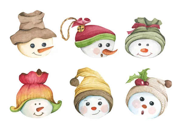 Set Character Snowmans Isolated White Background Watercolor Illustration New Year — Stock Photo, Image