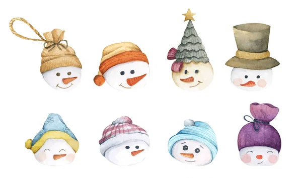 Set Character Snowmans Isolated White Background Watercolor Illustration New Year — Stock Photo, Image