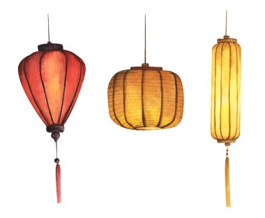 Geleneksel Çin kağıt fenerleri seti. Beyaz arka planda izole edilmiş. El çizimi suluboya çizimi çizimi.