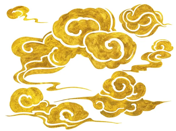 一套中国式手绘云彩 被白色背景隔离 东方装饰设计 亚洲装饰元素 用于设计天空或图案 水彩画 — 图库照片