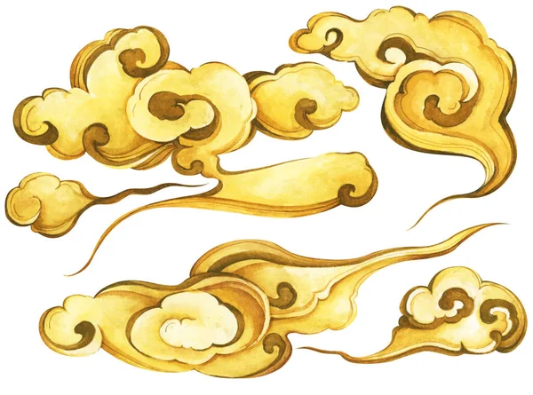 一套中国式手绘云彩 被白色背景隔离 东方装饰设计 亚洲装饰元素 用于设计天空或图案 水彩画 — 图库照片