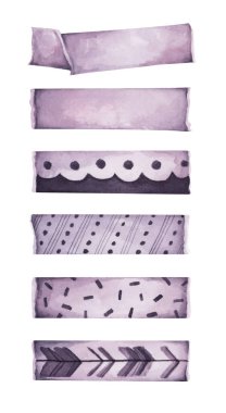 Washi bantlı şirin desenli şeritler. Beyaz arka planda izole edilmiş. Parçalanmış çıkartmalar kağıt pastel renkleri, boş pankartlar etiketler şablon tasarımı. Dekoratif bir kasetin suluboya çizimi.