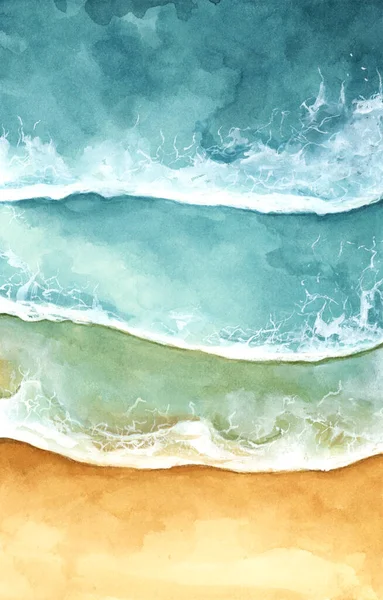 Akvarel Malování Mořských Vln Oceánu Dosahující Pobřeží Čistý Tyrkysový Výhled — Stock fotografie