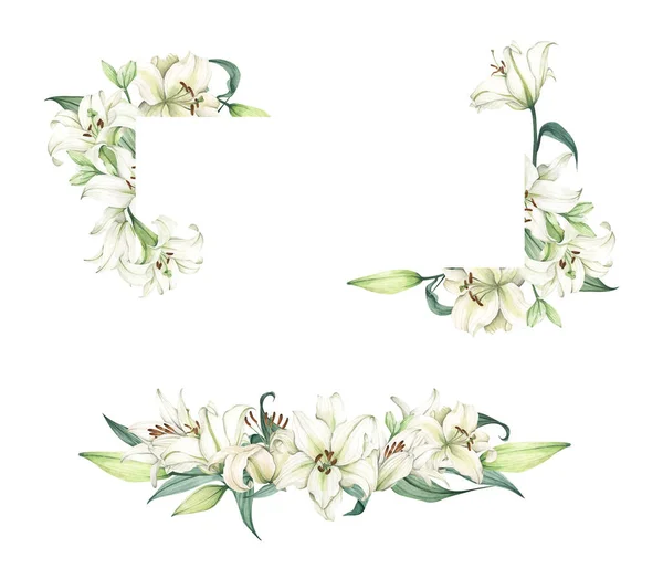 Beyaz Zambak Seti Çiçek Buketi Beyaz Arka Planda Izole Edilmiş — Stok fotoğraf