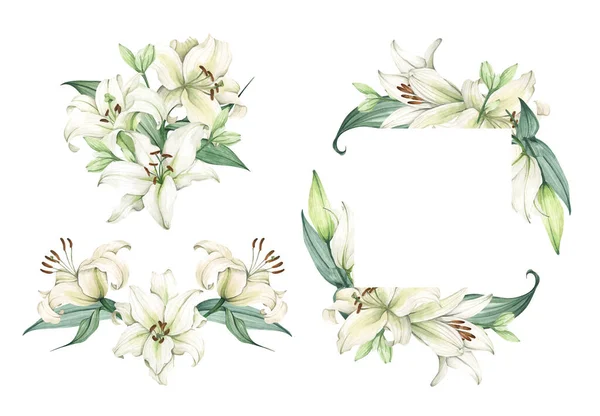 Beyaz Zambak Seti Çiçek Buketi Beyaz Arka Planda Izole Edilmiş — Stok fotoğraf