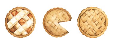 Beyaz arka planda izole edilmiş tatlı turta seti suluboya resmi. Tüm tasarım ihtiyaçlarınız için nefis tatlı çizimleri.