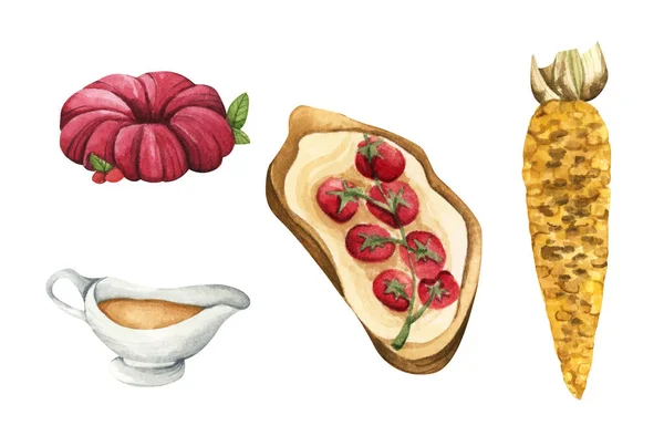 Illustrazione Acquerello Una Varietà Vacanza Ringraziamento Natale Alimenti Elementi Design — Foto Stock
