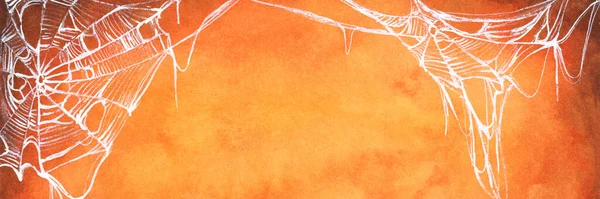 Watercolor Painting Shabby Orange Wall Covered Spooky Spider Web Halloween — Stock Photo, Image