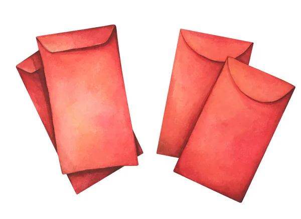 Aquarell Illustration Des Roten Kuverts Glücksumschlag Und Dekorationsartikel Für Das — Stockvektor