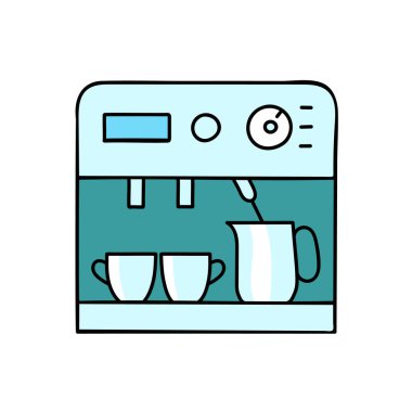 Kahve makinesi fincanı, portatif filtre, sütlü köpüklü el çizimi renk vektörü çizimi