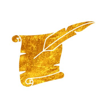 Eski parşömen ve kuş tüyü mürekkep kaleminin altın rengi çizimi