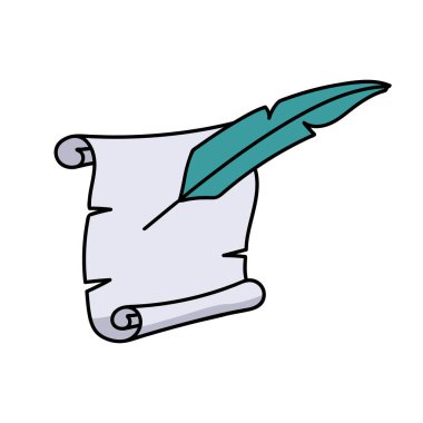 Vintage parşömen ve tüy mürekkep kalem el çizimi renk vektörü çizimi