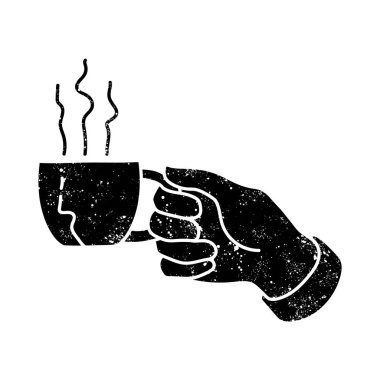 Elinde sıcak içecek bardağı var. Grunge 'a çizilmiş siyah el resmi.