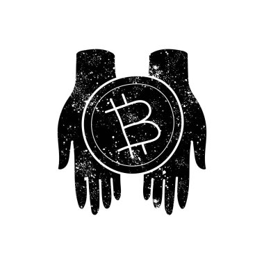 El ele tutuşan bitcoin kripto para simgesi simgesi para tutucu grunge ile çizilmiş simge