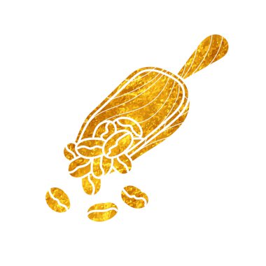 Kahve çekirdeği ve ahşap kepçe altın rengi çiziyor.