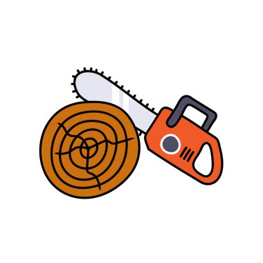 Tahta testereyle ağaç kütüğü kesme el çizimi renk vektörü çizimi