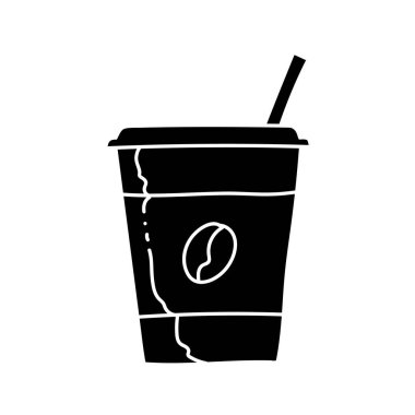 Kahve, plastik bardak ve saman siyah el resmi.