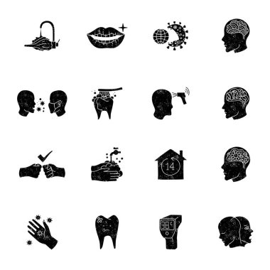 siyah grunge desenli el yapımı sağlık hizmeti simgesi seti