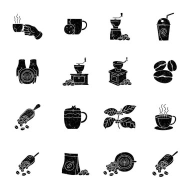 Siyah grunge desenli el yapımı kahve ikonu seti