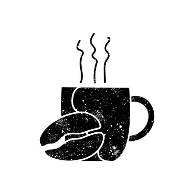 İçme fincanı ve kahve çekirdeği grunge görünümlü simge çizilmiş siyah el.