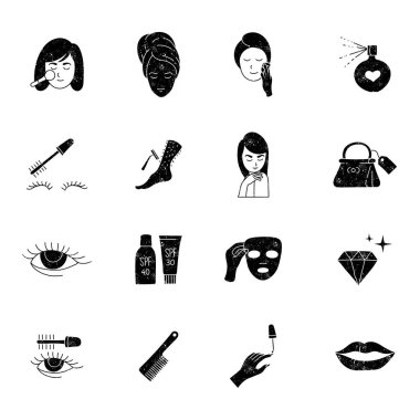 siyah grunge desenli el çizimi kadın güzellik ikonu seti