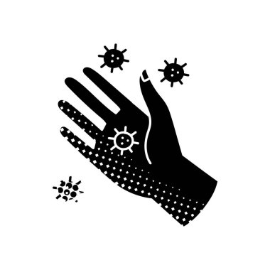 İnsan avuç içi siyah el üzerindeki virüsler yarım ton desen biçiminde simge çizer