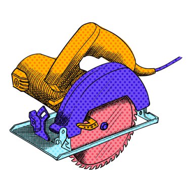 Dairesel testere el çizimi yarım ton renk vektörü çizimi