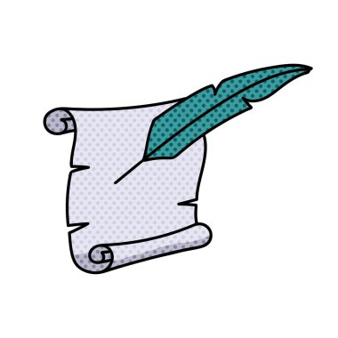 Klasik parşömen ve tüy kalem yarım ton el çizimi renk vektörü çizimi