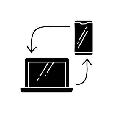 Laptop ve akıllı telefon siyah el çizilmiş simgeyi senkronize eder